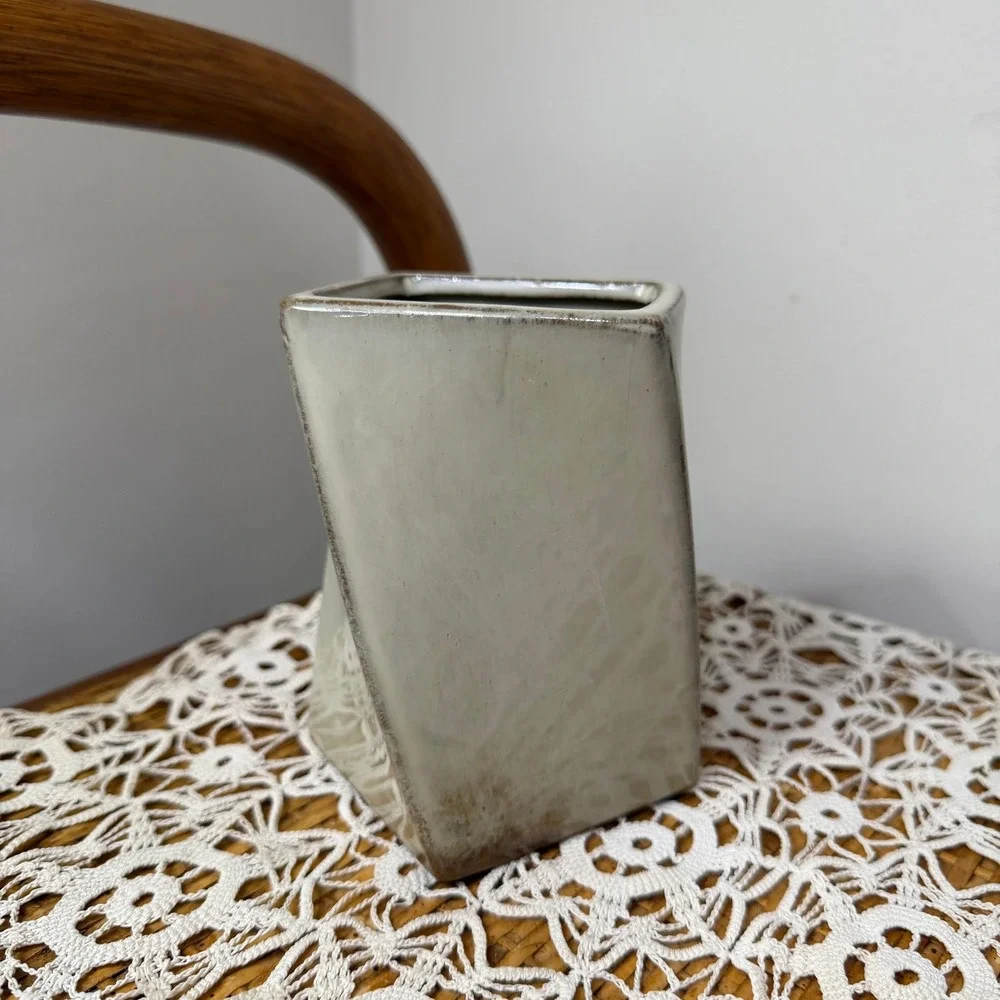 Modern Asymmetric Ceramic Vase Ivory Bronze Drip Glaze Geometric Wedge Decor